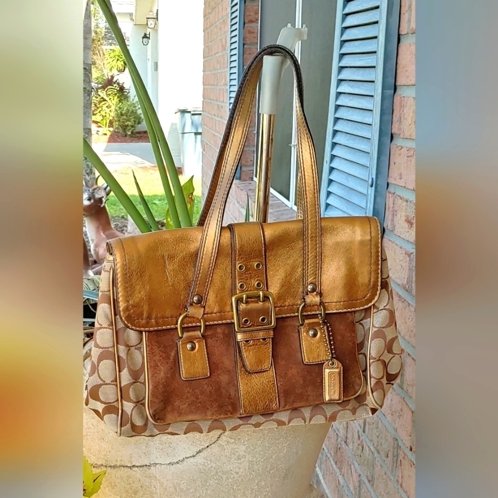 VINTAGE AUTHENTIC COACH SIGNATURE C JACQUARD/GENUINE LEATHER SUEDE HANDBAG NEW